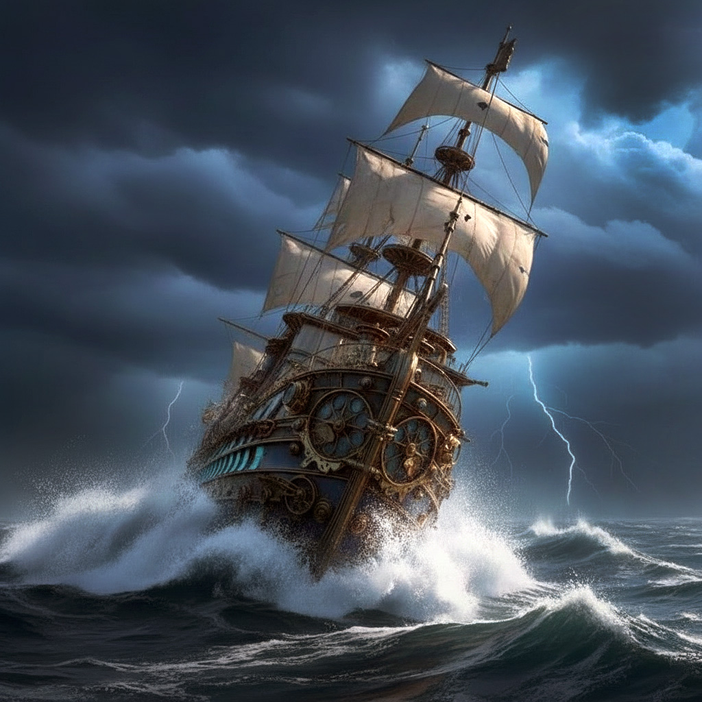 Ein großes, verziertes Segelschiff mit Zahnrädern und Uhrwerkdetails steuert während eines Gewitters durch die raue See, während im Hintergrund Blitze zucken. Jörg Tuschling - Interim Operations Management