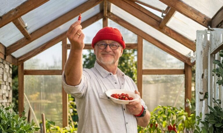 Ein älterer Mann mit roter Mütze hält in einem Gewächshaus eine Chilischote und eine Schale mit Chilischoten hoch. Jörg Tuschling - Interim Operations Management