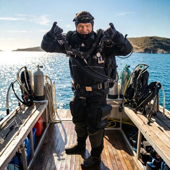 Ein Taucher in voller Tauchausrüstung steht auf einem Bootsdeck und zeigt zwei Daumen nach oben, während im Hintergrund Tauchflaschen und Wasser zu sehen sind. Jörg Tuschling - Interim Operations Management