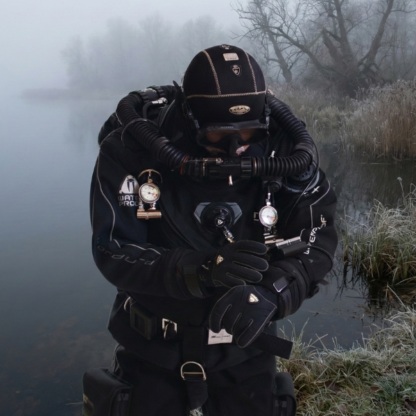 Ein Taucher in voller Tauchausrüstung, einschließlich Kreislaufgerät und Messgeräten, steht am Rande eines nebligen, frostigen Sees, umgeben von kahlen Bäumen und Schilf. Jörg Tuschling - Interim Operations Management